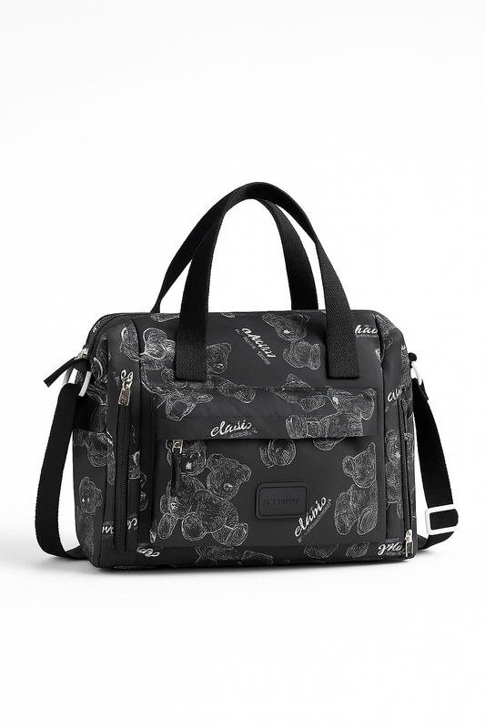 Bear Print Tote Bag – Large Capacity Multi-Pocket Shoulder & Crossbody Handbag