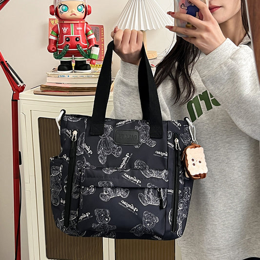 Bear Print Tote Bag – Large Capacity Multi-Pocket Shoulder & Crossbody Handbag